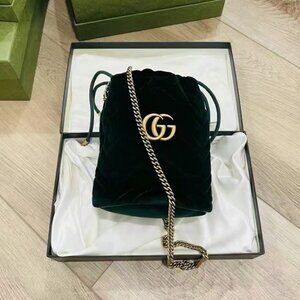 NIB Authentic Gucci  Velvet Matelasse Mini GG Marmont 2.0 Bucket Bag black